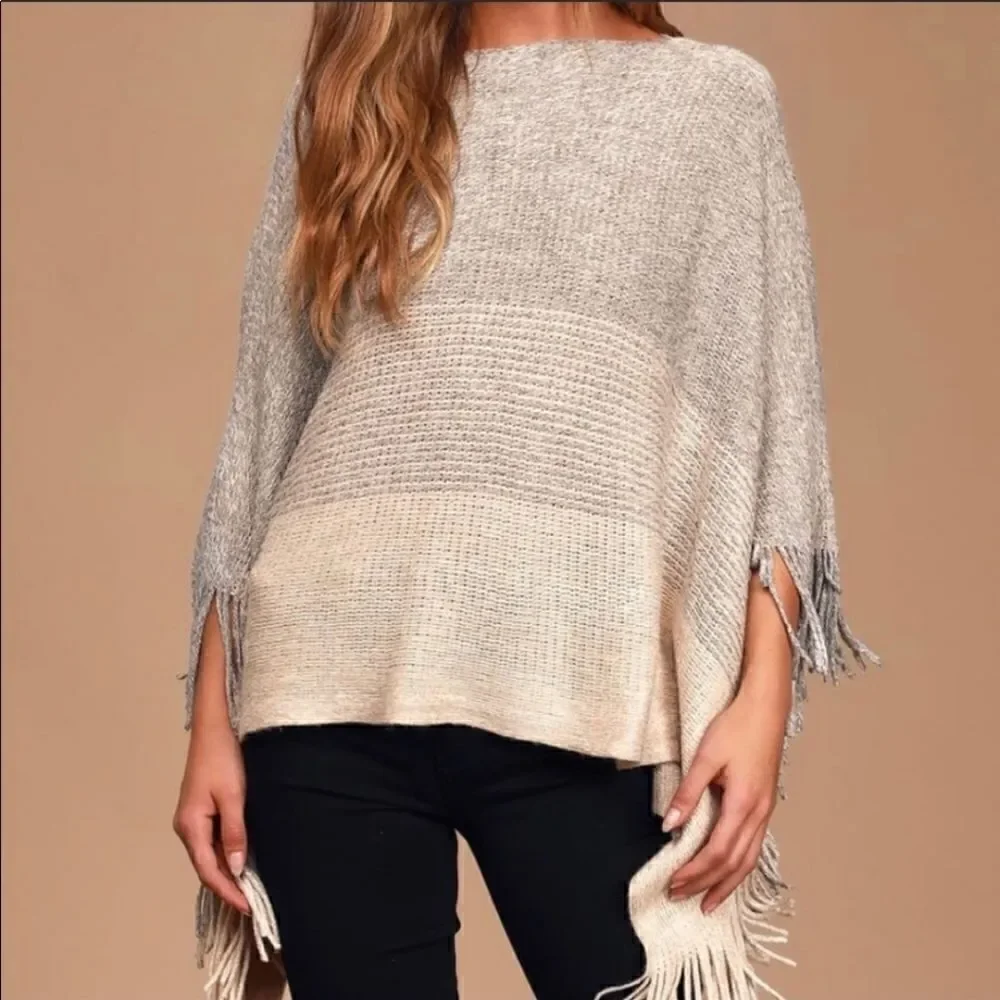 NWOT GENTLE Fawn Tristan Sweater Poncho Fringe Grey Gray Cream OS